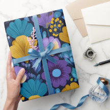 Retro 70s bloempatroon in blauw, paars en geel