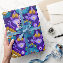 Retro 70s bloempatroon in blauw, paars en geel