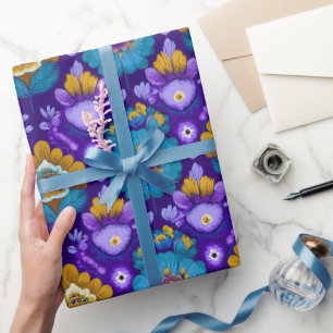 Retro 70s bloempatroon in blauw, paars en geel cadeaupapier