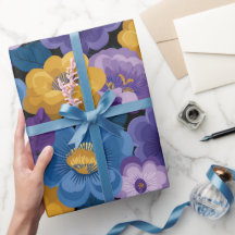 Retro 70s bloempatroon in blauw, paars en geel