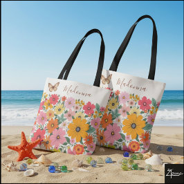 Retro 70s Bloemrijke Groovy Madeliefjes Achtergron Tote Bag