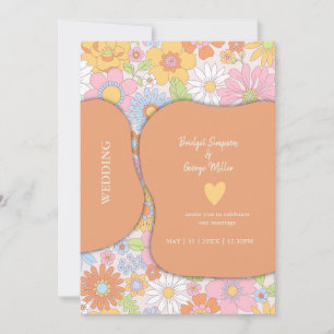 Retro 70s Bloemrijke Groovy Pastelkleurige Bruilof Kaart