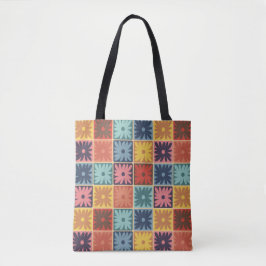 Retro 70s bloemvierkantjes, gevarieerd patroon tote bag