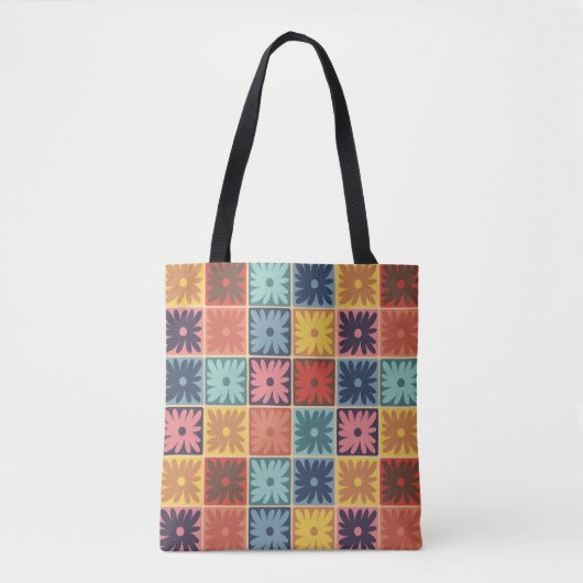 Retro 70s bloemvierkantjes, gevarieerd patroon tote bag (Voorkant)