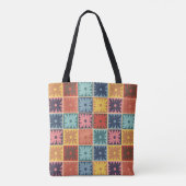Retro 70s bloemvierkantjes, gevarieerd patroon tote bag (Achterkant)