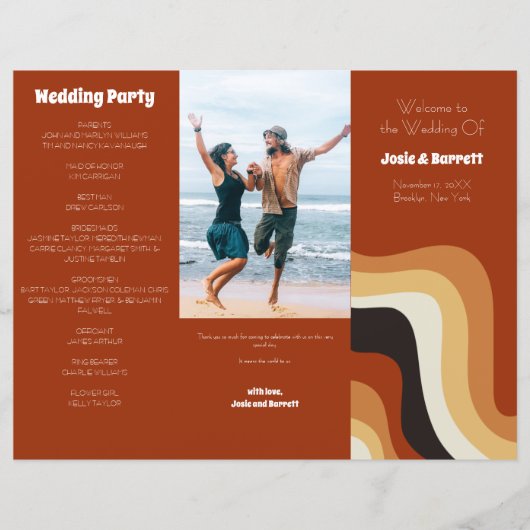 Retro 70s Bohemen Budget Tri-Fold Wedding Programm (Voorkant)