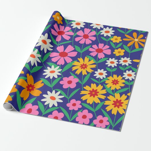 Retro 70s Boho Bloemen op Navy Blue Cadeaupapier (Uitgerold)
