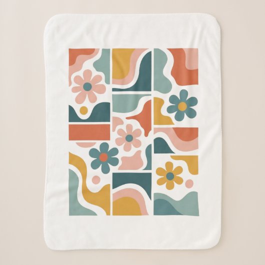 Retro 70s Boho Bloemmotief Groovy Bloem Grid Sherpa Deken (Voorkant)