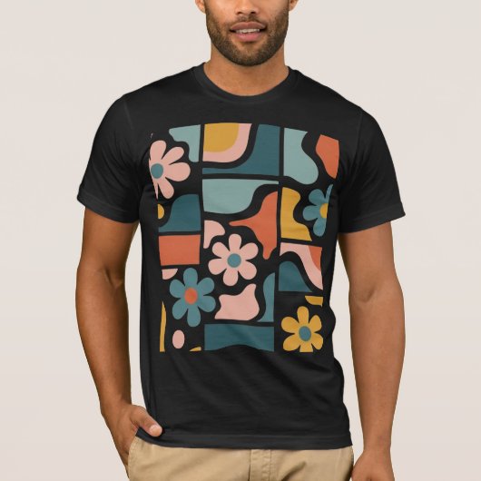 Retro 70s Boho Bloemmotief Groovy Bloem Grid T-shirt (Voorkant)