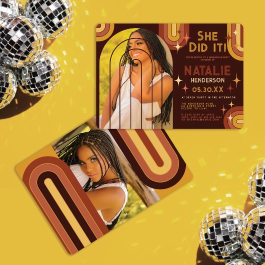 Retro 70's Bold Typography Rainbow Arch Afstuderen Kaart