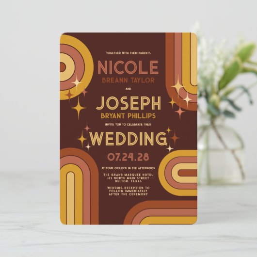 Retro 70's Bold Typography Rainbow Arch Wedding Kaart (Staand voorkant)