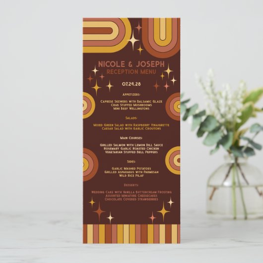 Retro 70's Bold Typography Rainbow Arch Wedding Menu (Staand voorkant)