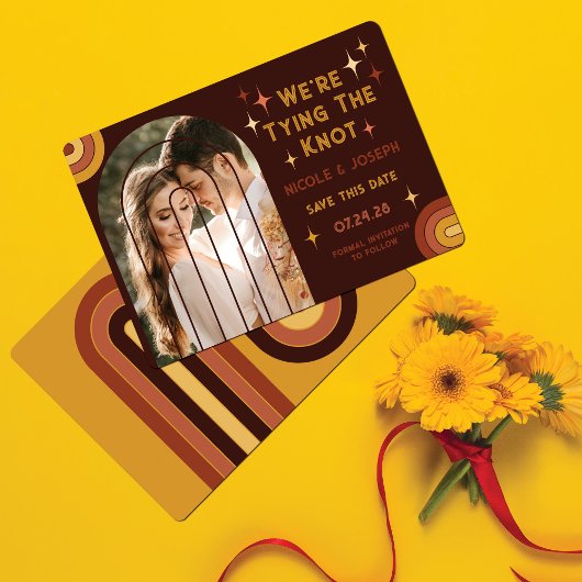 Retro 70's Bold Typography Rainbow Arch Wedding Save The Date