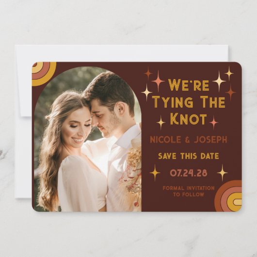 Retro 70's Bold Typography Rainbow Arch Wedding Save The Date (Voorkant)