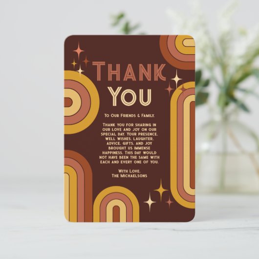 Retro 70's Bold Typography Rainbow Arch Wedding Th Bedankkaart (Staand voorkant)