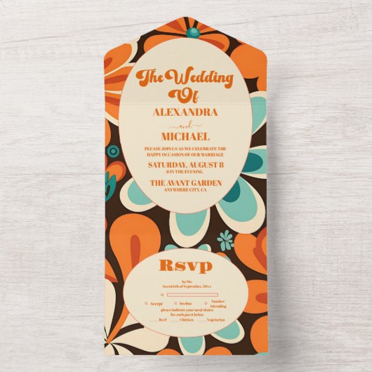 Retro 70s bruiloft all in one uitnodiging (Binnen)