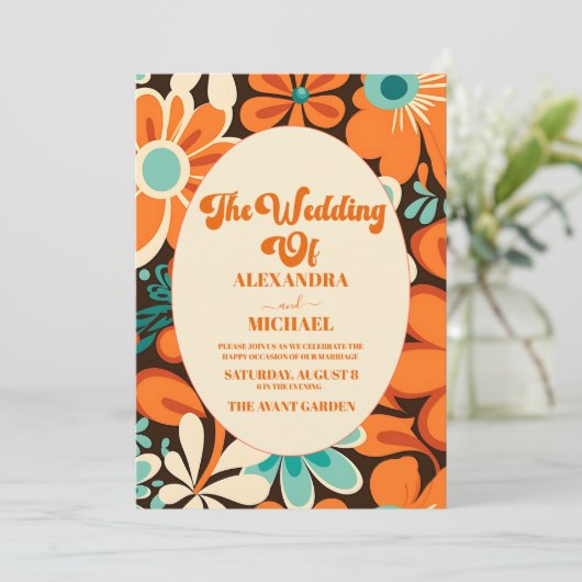 Retro 70s bruiloft kaart (Staand voorkant)