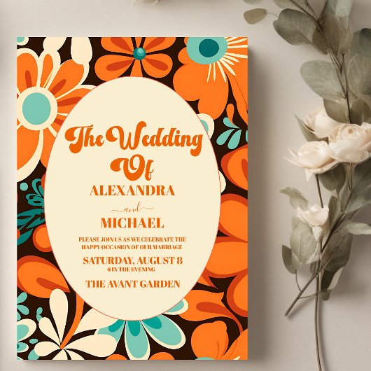 Retro 70s bruiloft kaart