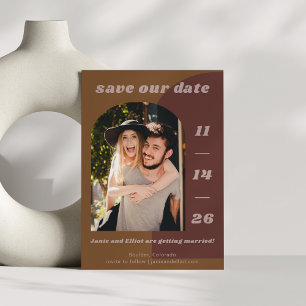 Retro 70s bruin Geometric Couple 2 Photo Wedding Save The Date