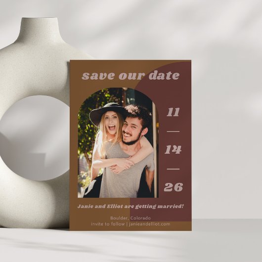 Retro 70s bruin Geometric Couple 2 Photo Wedding Save The Date