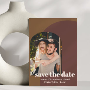 Retro 70s Bruine Geometrische Boog Huwelijksfoto Save The Date