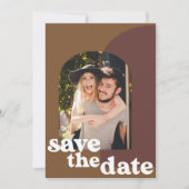Retro 70s bruine Geometrische paarse foto bruiloft Save The Date (Voorkant)