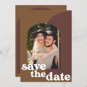Retro 70s bruine Geometrische paarse foto bruiloft Save The Date