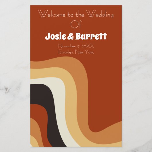 Retro 70s Burnt Oranje Bohemian Wedding Programme (Voorkant)