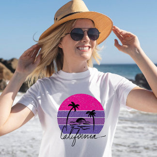 Retro 70s California beach vibe Roze paarse zonson T-shirt