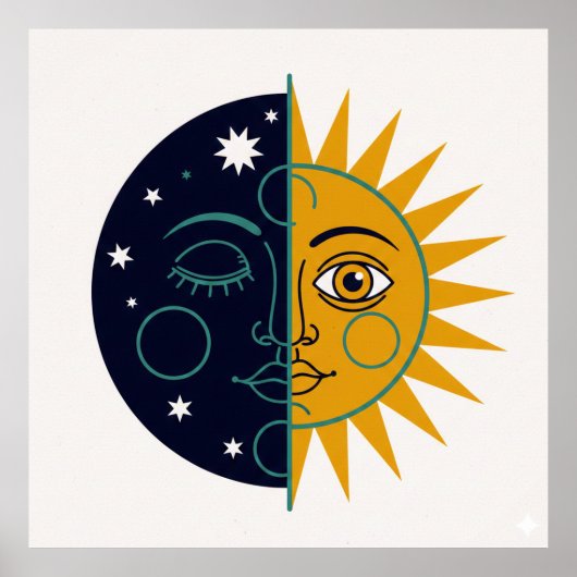 Retro 70s Celestial Sun Moon Split Face Art Print (Voorkant)