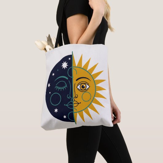 Retro 70s Celestial Sun Moon Split Face Art Print Tote Bag (Dichtbij)