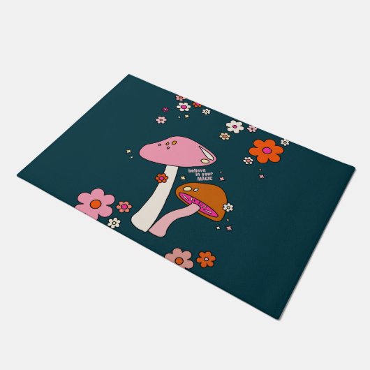Retro 70s champignons en bloemen marineblauw deurmat (Schuin)