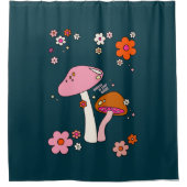 Retro 70s champignons en bloemen marineblauw douchegordijn (Voorkant)