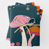 Retro 70s champignons en bloemen marineblauw inpakpapier vel (In situ)