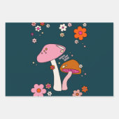 Retro 70s champignons en bloemen marineblauw inpakpapier vel (Voorkant)