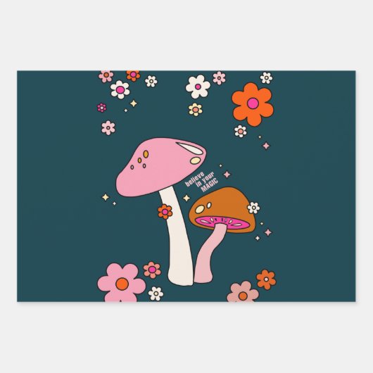 Retro 70s champignons en bloemen marineblauw inpakpapier vel (Voorkant)
