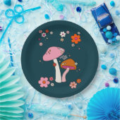 Retro 70s champignons en bloemen marineblauw papieren bordje (Feest)