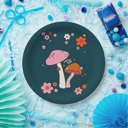 Retro 70s champignons en bloemen marineblauw papieren bordje (Feest)