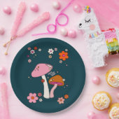 Retro 70s champignons en bloemen marineblauw papieren bordje (Feest)