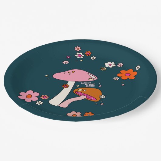 Retro 70s champignons en bloemen marineblauw papieren bordje (Gekanteld)