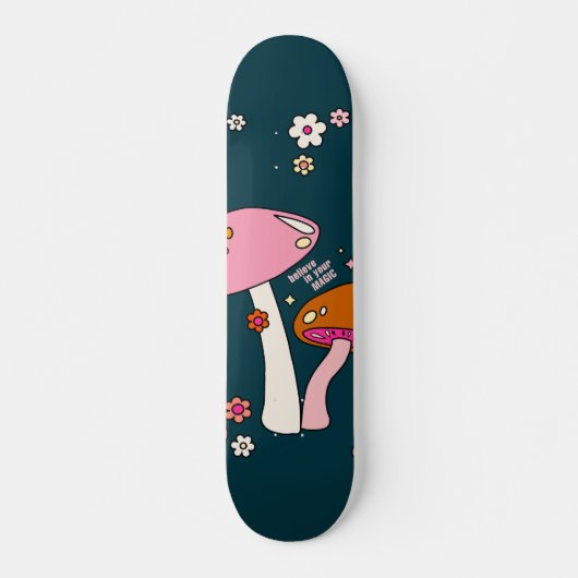 Retro 70s champignons en bloemen marineblauw persoonlijk skateboard (Voorkant)