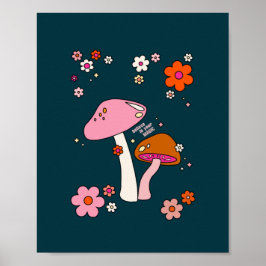 Retro 70s champignons en bloemen marineblauw poster