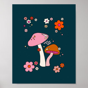 Retro 70s champignons en bloemen marineblauw poster