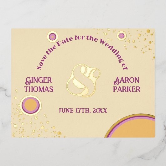 Retro 70s Circle Paarse bruiloft Save the Date Folie Uitnodiging Briefkaart (Voorkant)