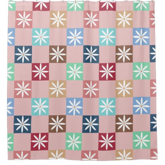 Retro 70s Daisy Checker Board Patroon Douchegordijn (Voorkant)