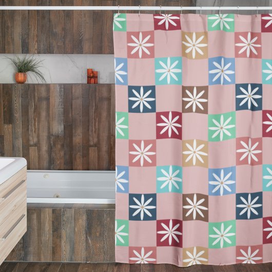 Retro 70s Daisy Checker Board Patroon Douchegordijn