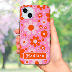 Retro 70's  Daisy Pattern Oranje Roze iPhone 15 Mini Hoesje