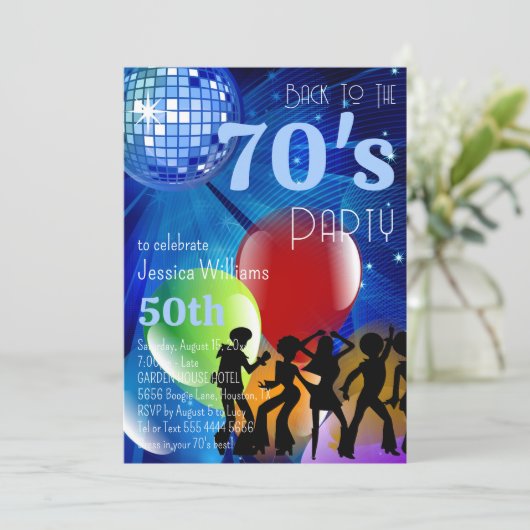 Retro 70's Disco Ball & Balloons Blauwe Verjaardag Kaart (Staand voorkant)