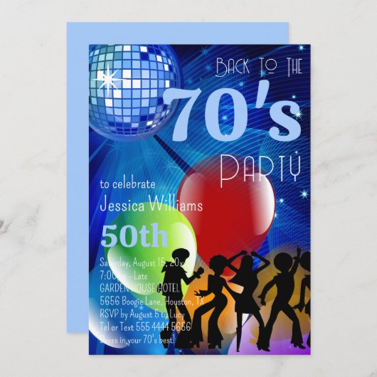 Retro 70's Disco Ball & Balloons Blauwe Verjaardag Kaart (Voorkant / Achterkant)