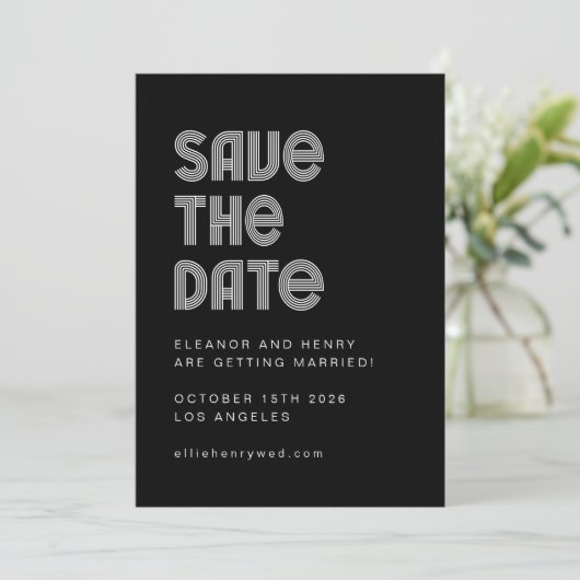 Retro 70s Disco Font Unique Black White Wedding Save The Date (Staand voorkant)
